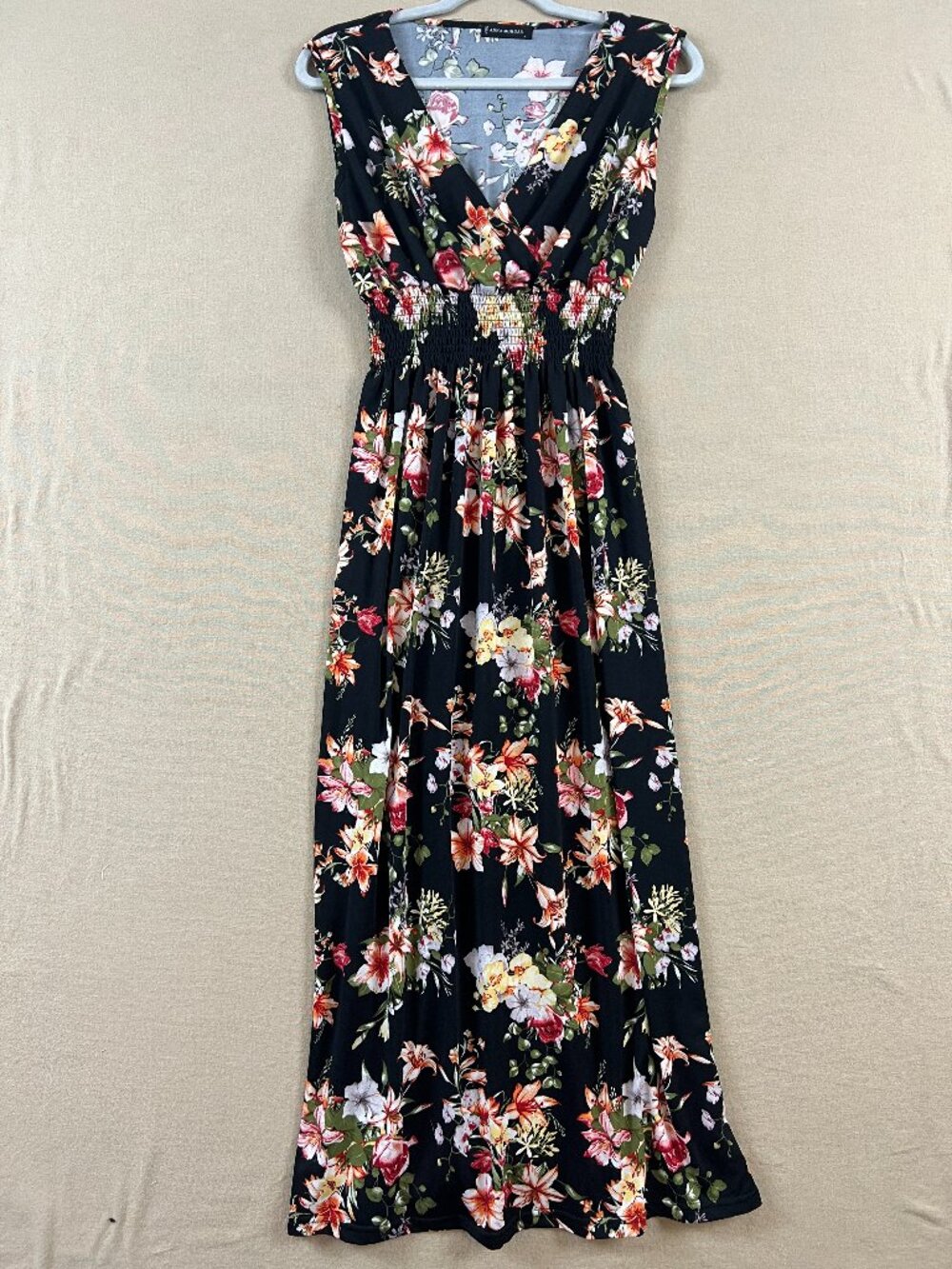 Anna Morgan L Maxi Smocked Waist Floral Dress Tropical Cottagecore V-Neck‎ Boho
